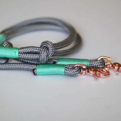"Grey-mint" set with leash and collar - 3-way adjustable leash, 2.5 m long - with name tag