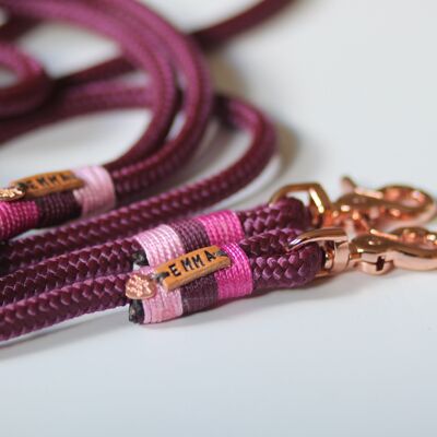 "Bordeaux-pink" set with leash and collar - 3-way adjustable leash, 2.5m long - without name tag