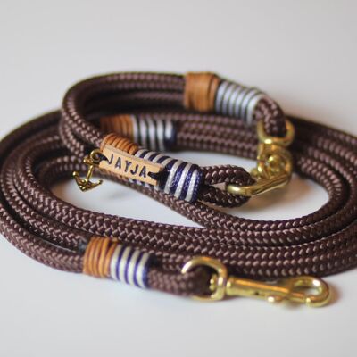 Conjunto "marrón-marítimo" con correa y collar - Correa ajustable en 3 direcciones, 2,5 m de largo - con etiqueta para el nombre