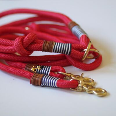 Set "red-maritime" with leash and collar - simple leash with hand loop 1.5m - with name tag