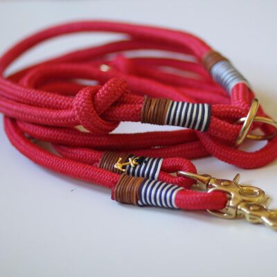 Set "rot-maritim" mit Leine und Halsband - Leine 3-fach verstellbar 2.5m lang - Mit Namensschild