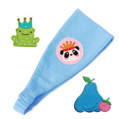Headband Blue 3 Patches (frog, panda, pear) organic coton