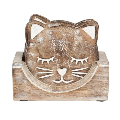 Geschnitzter Katzen-Untersetzer aus Holz – 6er-Set