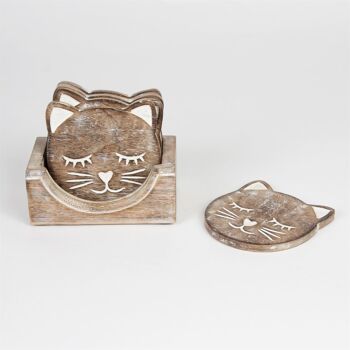 Dessous de Verre Chat en Bois Sculpté - Lot de 6 2