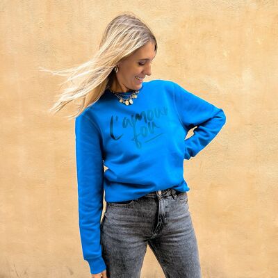 L'Amour Fou Blau bedrucktes Sweatshirt für Damen - aus Bio-Baumwolle