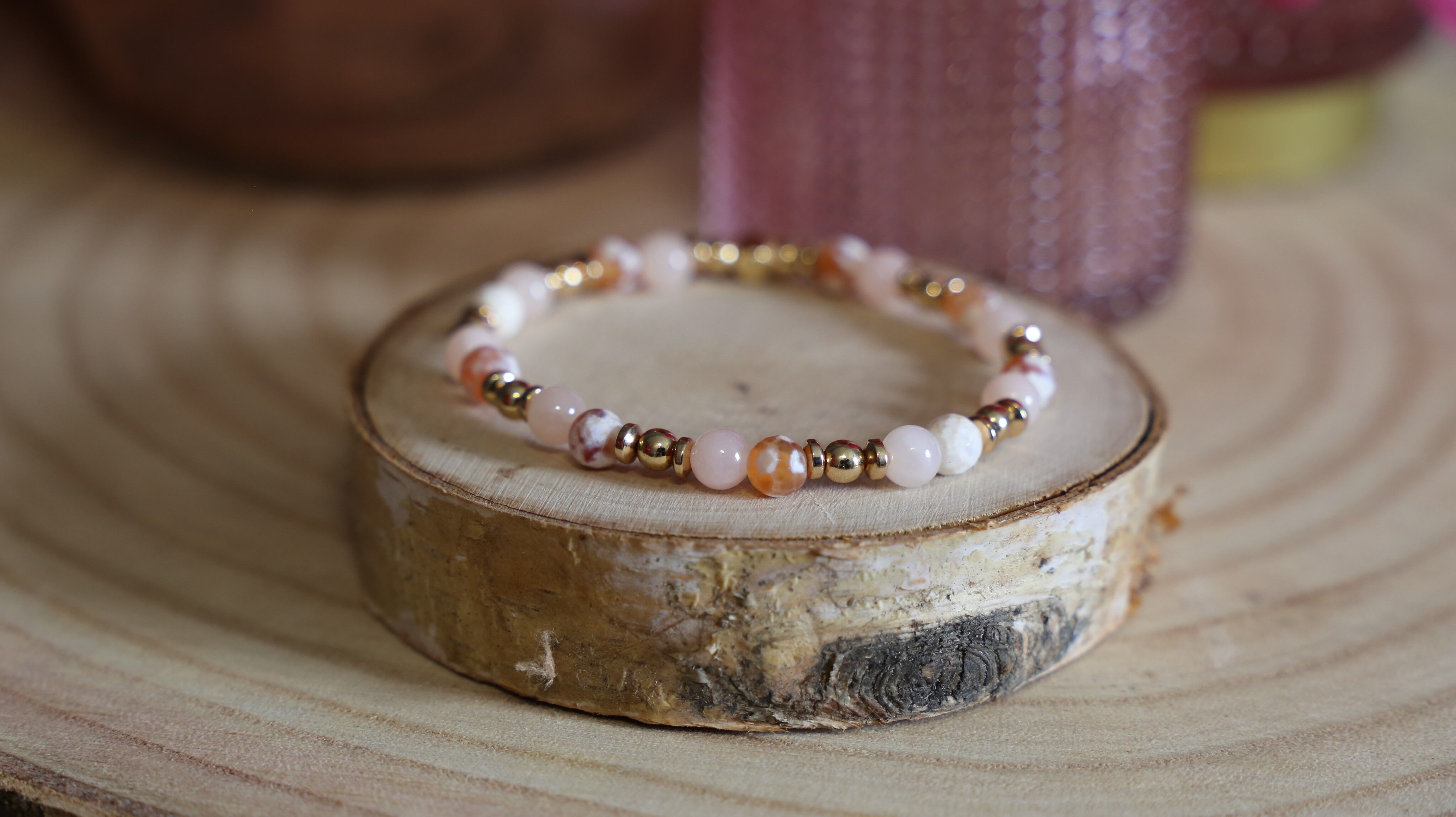 Bracciale in pietra agata di fuoco e giada salmone