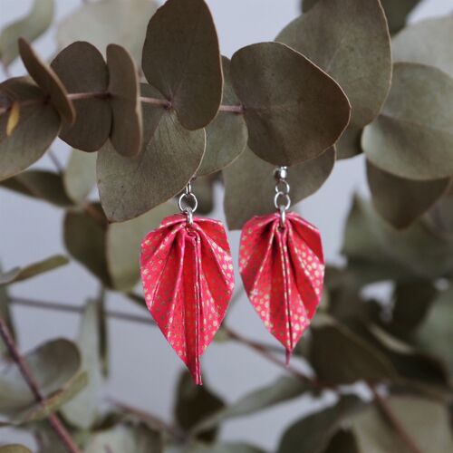 Boucles d'oreilles origami - Petites feuilles framboise/or