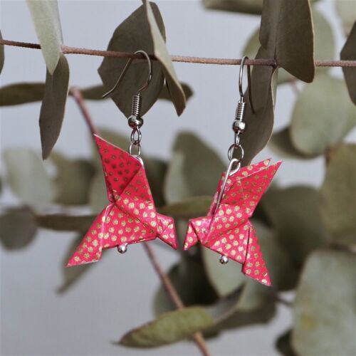 Boucles d'oreilles origami - Couple de colombes framboise/or