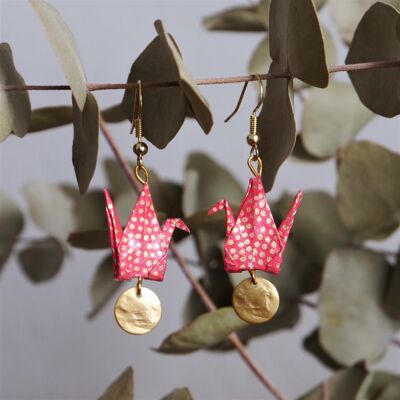 Boucles d'oreilles origami - Grues framboises et sequins dorés