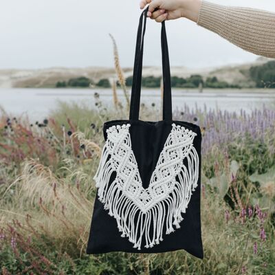 Boho-Einkaufstasche, Makramee-Einkaufstasche in schwarzer Farbe