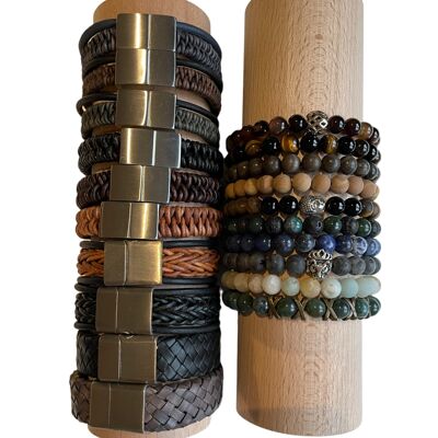 Men's leather bracelets on a wooden roll (10) & Men's natural stone bracelets on a roll (10)