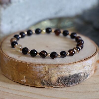 Bracelet in black and tan Agate stone and golden Hematite