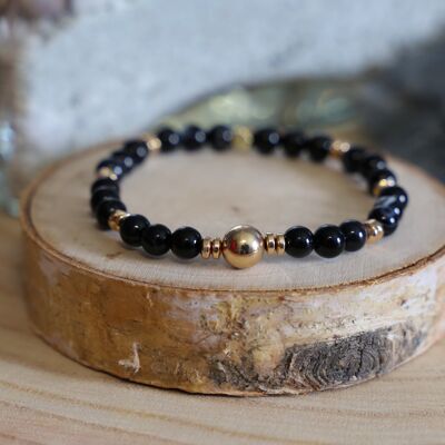 Bracelet in dark black Agate stone and golden Hematite