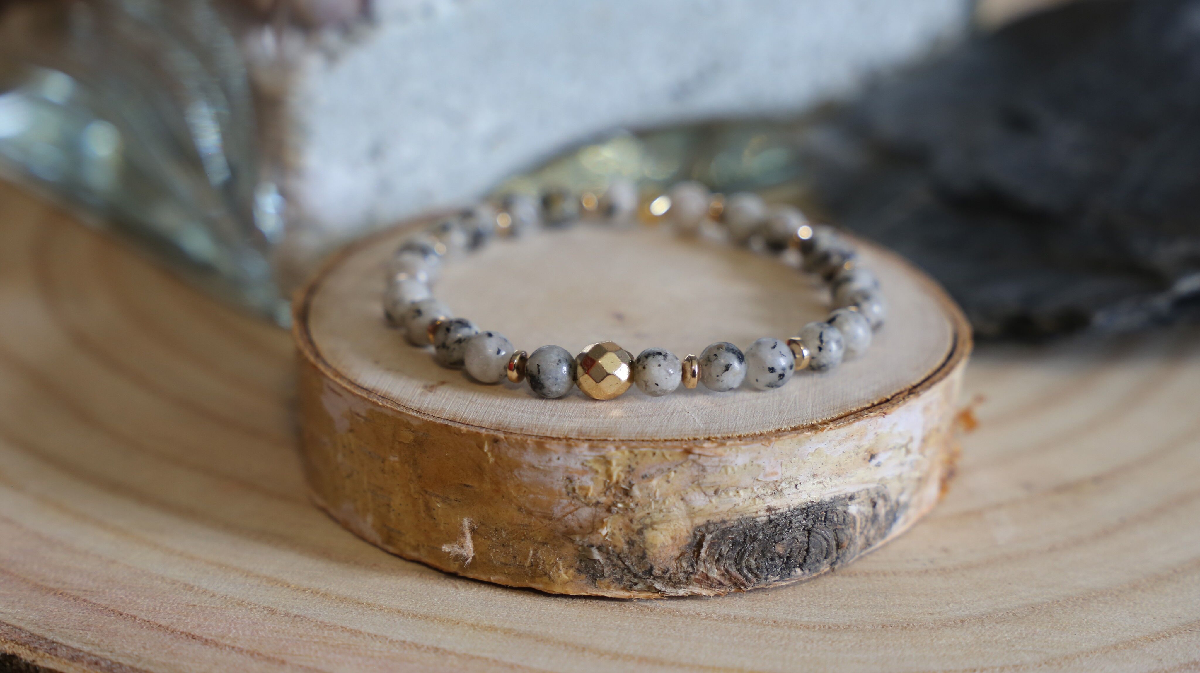 Bracciale pietra diaspro kiwi grigio/nero