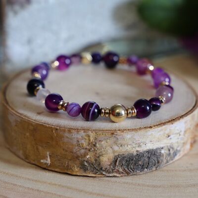 Bracelet en pierre d'Agate violette et en Hématite dorée