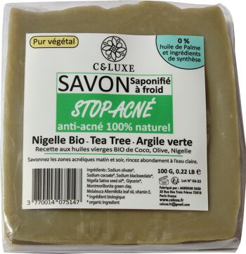 savon anti acné "stop acné" Nigelle bio Tea Tree Argile verte 100% naturel saponifié à froid : peaux grasses et acnéiques, antibactérien, antifongique :Corps Visage. (lot de 1 unités:100 Gr)