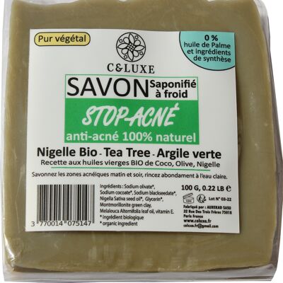 savon anti acné "stop acné" Nigelle bio Tea Tree Argile verte 100% naturel saponifié à froid : peaux grasses et acnéiques, antibactérien, antifongique :Corps Visage. (lot de 1 unités:100 Gr)