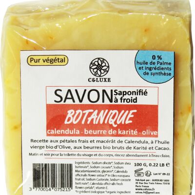Savon CALENDULA saponifié à froid, karité Bio, huile d'olive Bio, huile de coco Bio, 100 % naturel, artisanal, vegan, français 100 gr. (Lot de 1 unité)