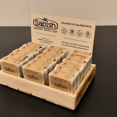 Teak Wood Display of 18 Soap Bars  -  including 18pcs of Hammam Spa - Handmade Hydrating Shower Soap bars