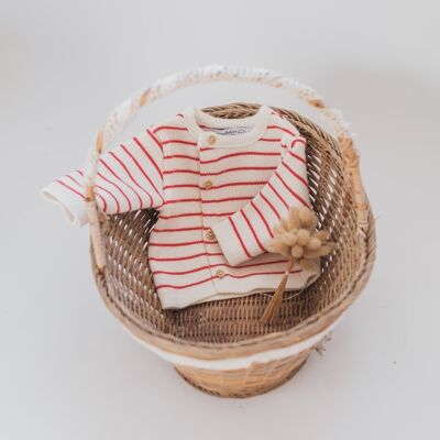 Cárdigan de lana - Crudo con rayas rojas - Colección "Petits Marins"