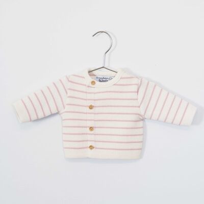 Cárdigan de lana - Crudo con rayas rosa lila - Colección “Petits Marins”