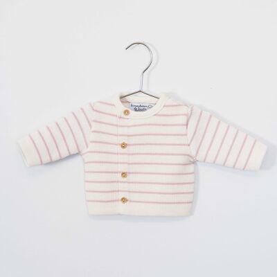 Cardigan in lana - Ecrù con righe rosa lilla - Collezione “Petits Marins”.