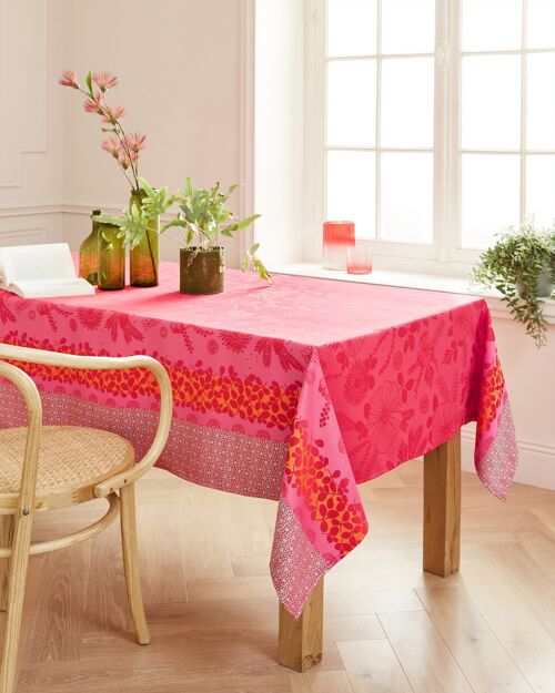 Nappe Jacquard enduit - JARDIN D'ÉTÉ FUSHIA RECT 160x300