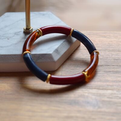Bracelet en perles tubes acryliques fin doré marron marbré, bordeaux et bleu
