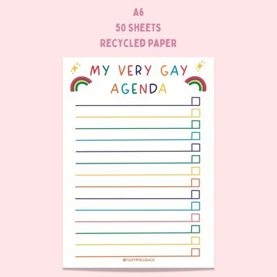 A6-Notizblock mit Checkliste für die Gay-Agenda