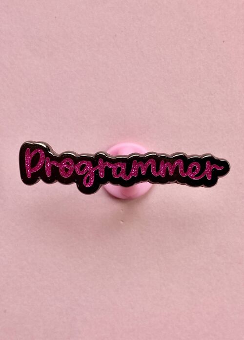 Pink glitter programmer enamel pin