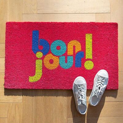 Bonjour Multicoloured Doormat on Fucshia- by Bombay Duck