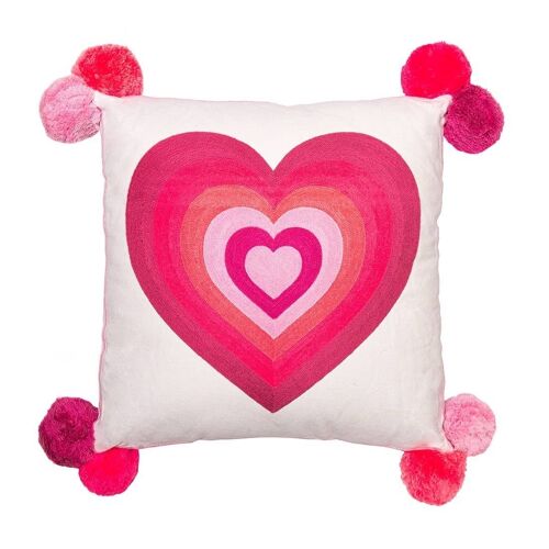 Stripy Heart Embroidered Cushion Pinks- by Bombay Duck