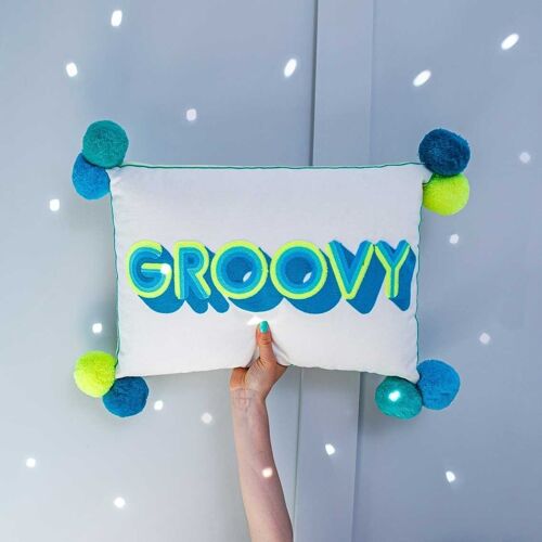 Small Talk GROOVY Cushion Teal/Yellow- by Bombay Duck