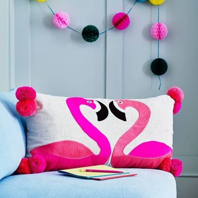 Flamingoes Embroidered Cushion on Linen- by Bombay Duck