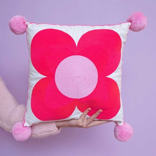 Jemima Flower Embroidered Cushion Coral/Pink Centre- by Bombay Duck
