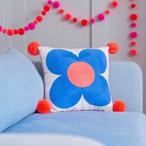 Jemima Flower Embroidered Cushion Cornflower/Coral Centre- by Bombay Duck