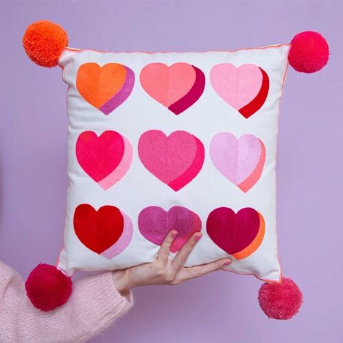 Letterpop Hearts Embroidered Cushion Pinks- by Bombay Duck