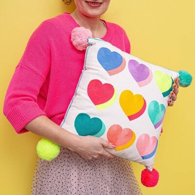 Letterpop Hearts Embroidered Cushion Multicoloured- by Bombay Duck