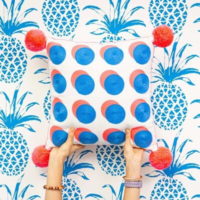 Letterpop Spots Embroidered Cushion Cornflower/Coral- by Bombay Duck