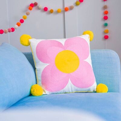 Jemima Flower Embroidered Cushion Pale Pink/Yellow Centre- by Bombay Duck