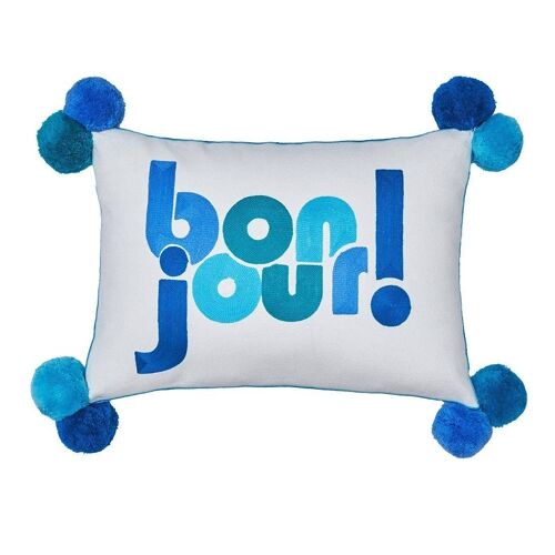 Bonjour Embroidered Cushion Teals- by Bombay Duck