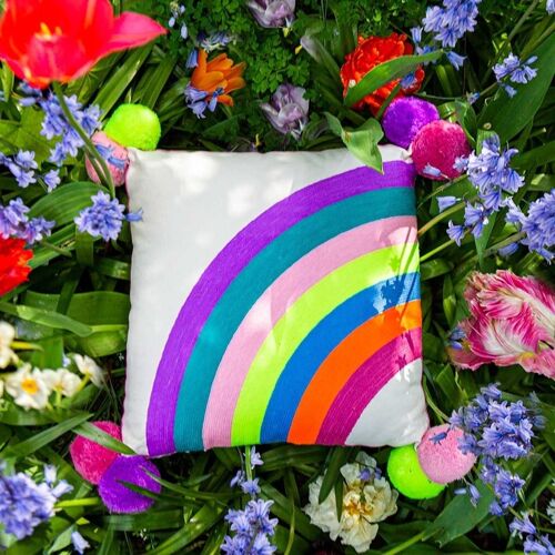 Half Rainbow Embroidered Square Cushion Multicoloured- by Bombay Duck