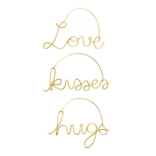 Love, Hugs, Kisses Wire Word Decorations Gold Set of 3- by Bombay Duck