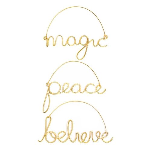 Peace, Believe, Magic Wire Word Decorations Gold Set of 3- by Bombay Duck