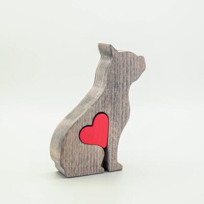 Figurine chien - Bouledogue français en bois fait main avec coeur