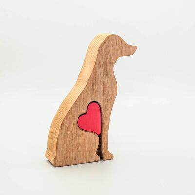 Hundefigur - handgefertigter Vizsla aus Holz mit Herz
