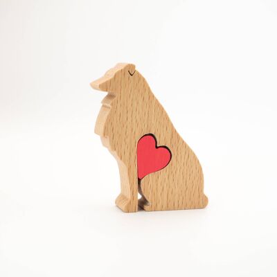 Hundefigur - handgefertigter rauer Collie aus Holz mit Herz