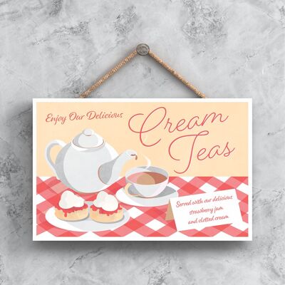 P0009 - Blue Cream Teas With Stawberry Jam Clotted Cream Decorative Kitchen Hanging Plaque Sign
