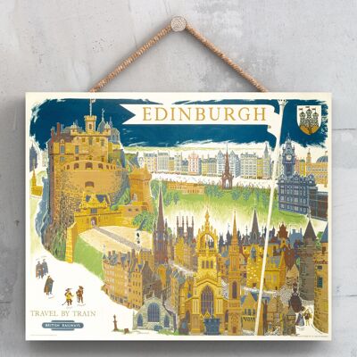 P0073 - Poster originale della National Railway del Castello di Edimburgo su una targa con decorazioni vintage