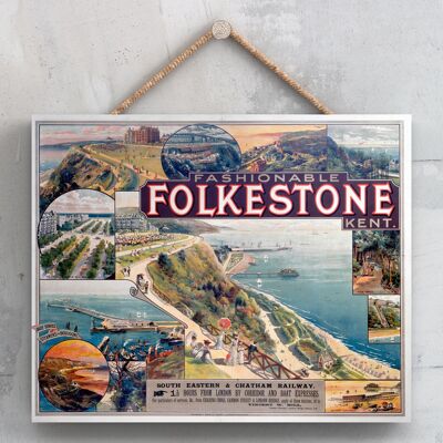 P0083 - Poster della ferrovia nazionale originale alla moda di Folkestone su una targa con decorazioni vintage